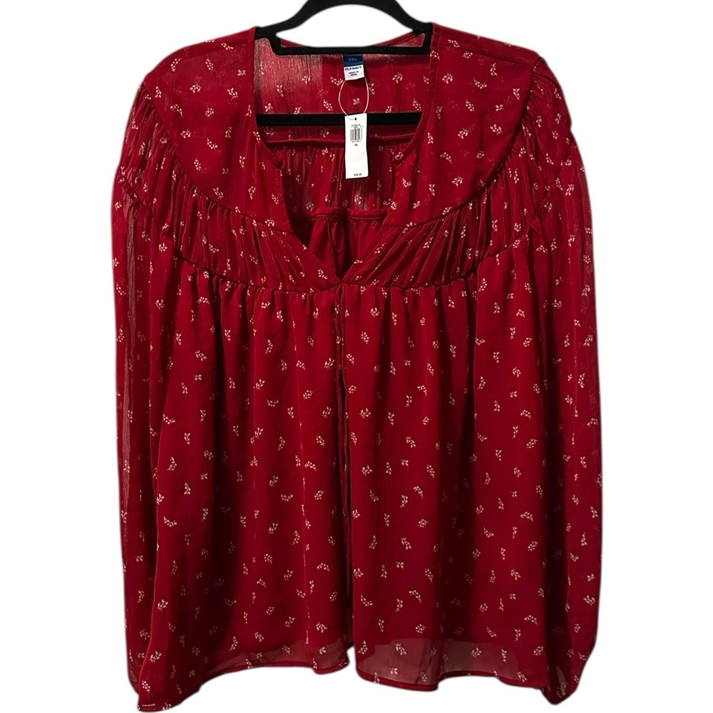 Old Navy Tie-Front Chiffon Top Red Floral Plus 2XL Coquette Cottagecore Boho NEW - Picture 2 of 10